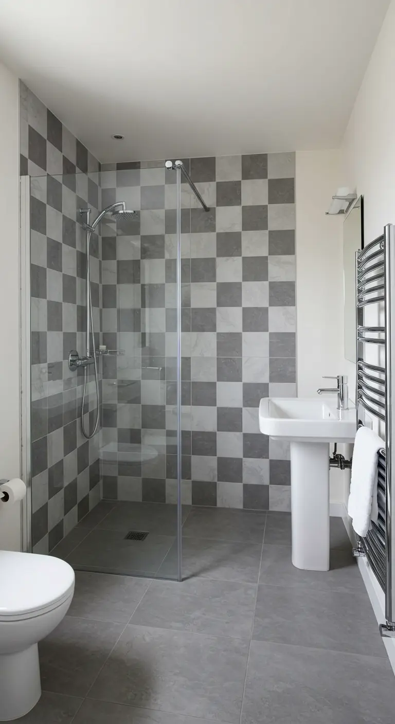 Modern bathroom with a grey and white checkerboard pattern on the shower wall.