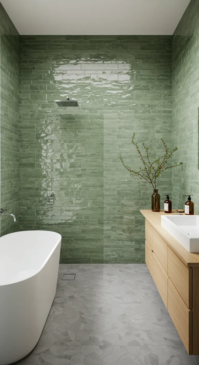 Modern bathroom with glossy sage green wall tiles, a freestanding tub, and a wood vanity.
