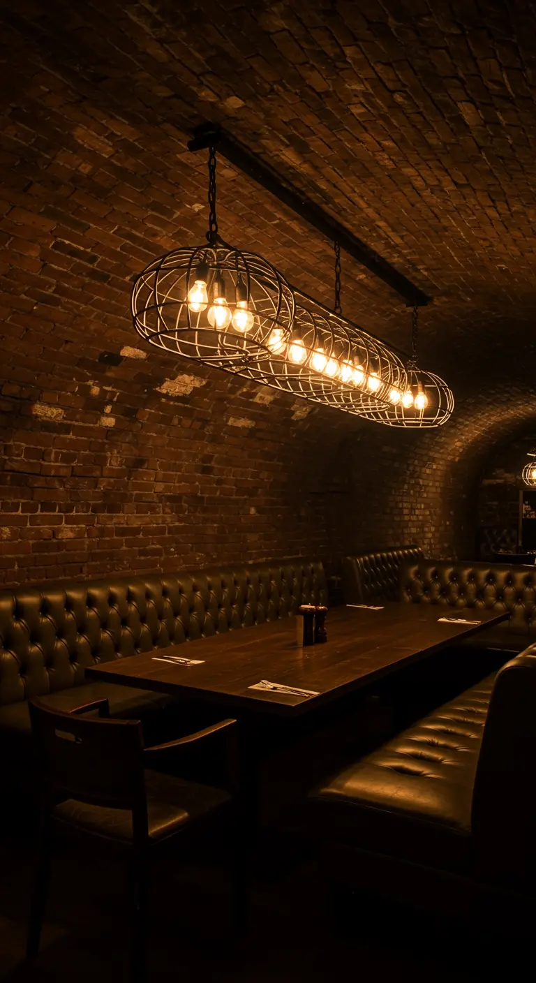 Dark, moody dining area with a vaulted brick ceiling and tufted leather banquettes.