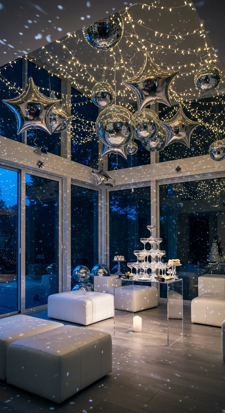 A ceiling covered in fairy lights, star-shaped balloons, and hanging disco balls.