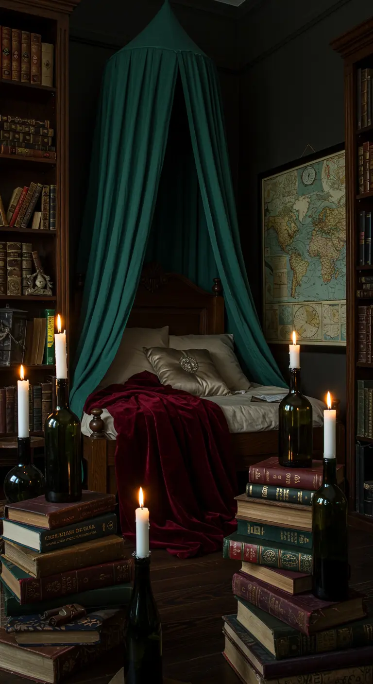 Dark library-style bedroom with a green canopy and candles in wine bottles.