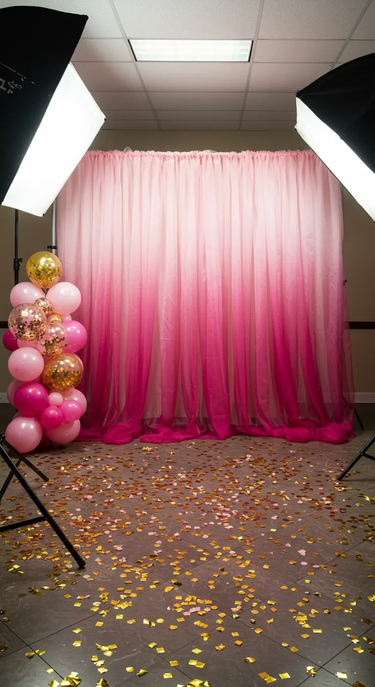 A pink ombré tulle backdrop for a photo booth with gold confetti.
