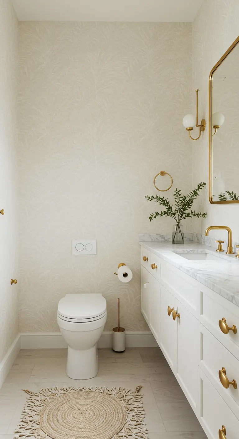 Neutral bathroom with tone-on-tone cream palm wallpaper, a white vanity, and gold accents.