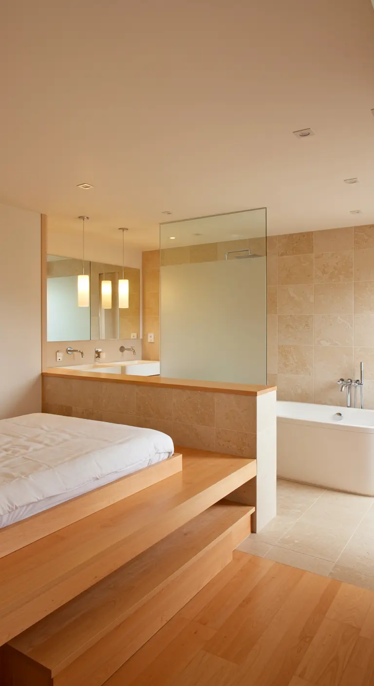 An open-concept bedroom and bathroom with a raised platform bed and a glass shower wall.