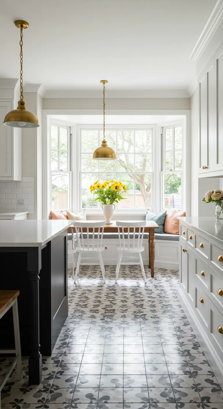 Bright kitchen with a breakfast nook in a bay window and patterned floor tiles.