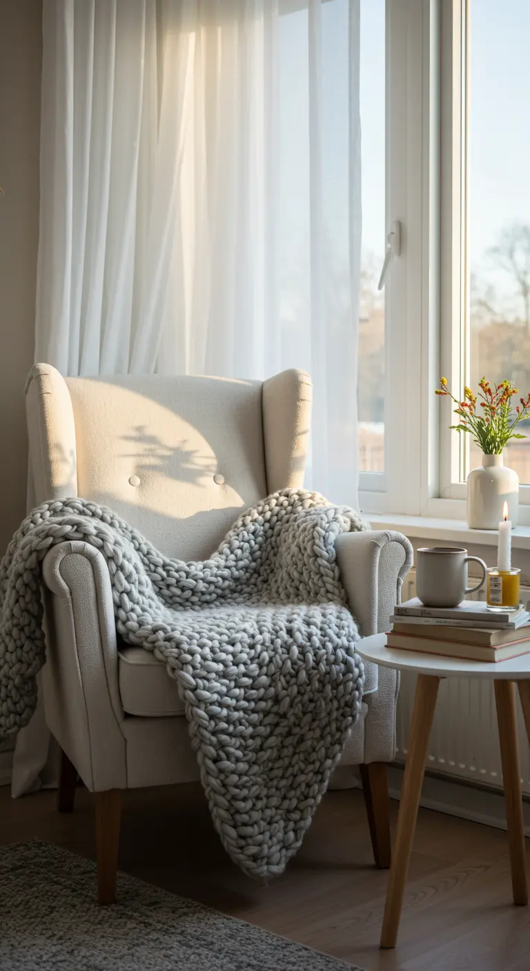 Cream armchair with a chunky grey knit throw by a sunny window with sheer curtains.