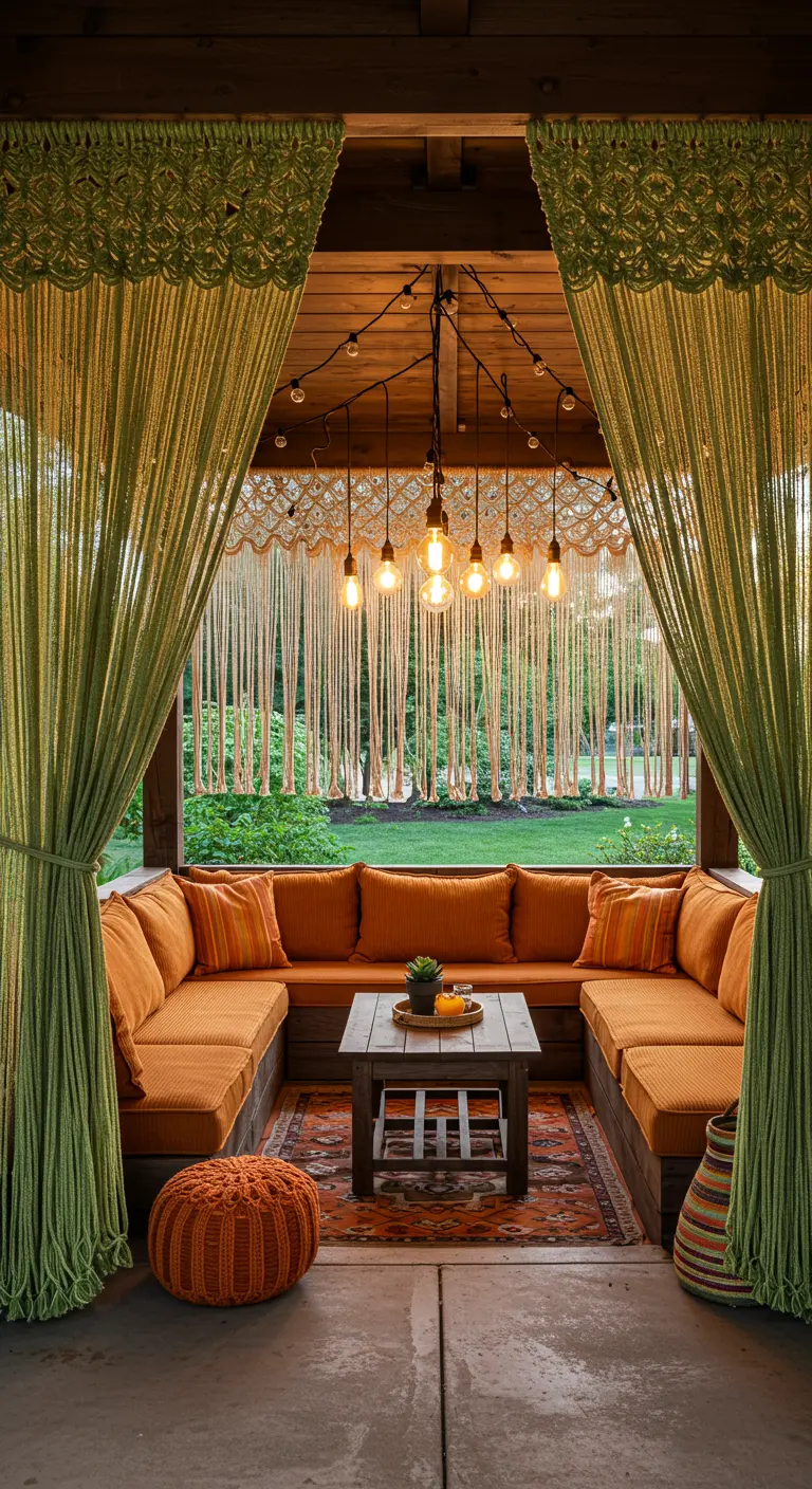 A covered patio with green and gold string curtains and a cozy U-shaped orange sofa.