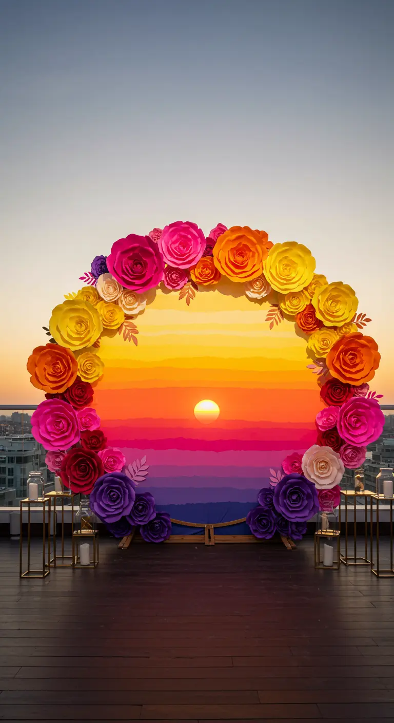 A round photo booth backdrop painted like a sunset, framed by a wreath of colorful paper flowers.