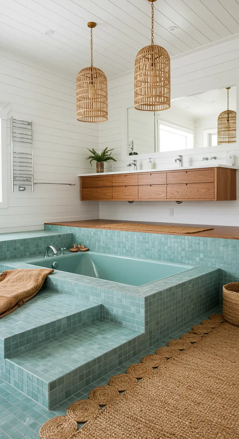 Sunken tiled bathtub with layered jute rugs on the steps and floor.