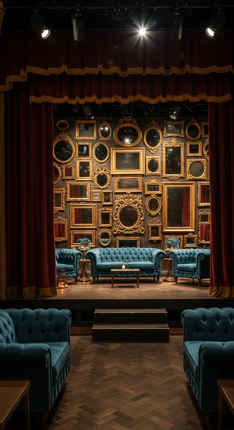 A stage-like setting with a wall completely covered in a dense collage of ornate gold mirrors.