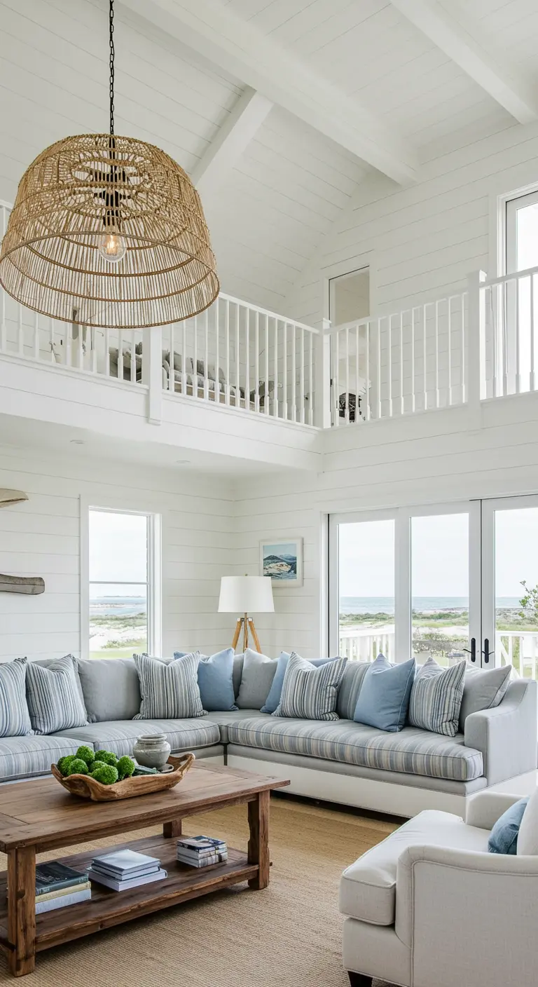 A symmetrical gallery wall of six framed blue hydrangea prints above a light-colored sofa.