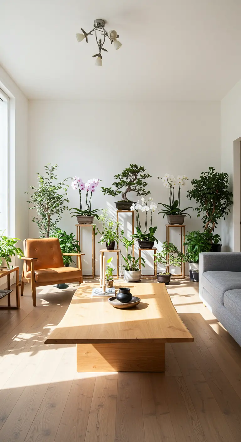 A living room corner filled with plants like bonsai and orchids on stands of different heights.
