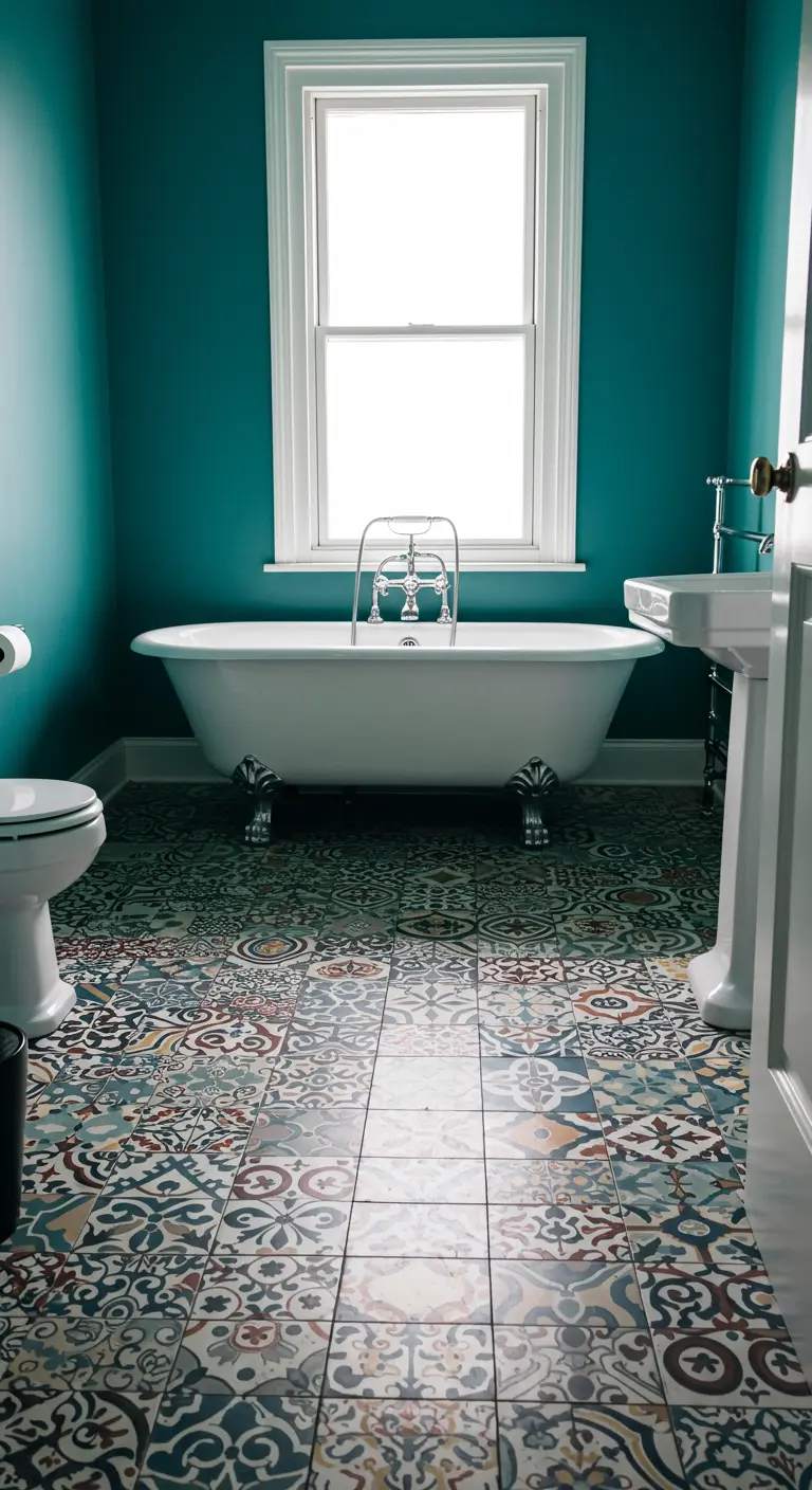 Teal bathroom with a central 'rug' of patterned tile on the floor.