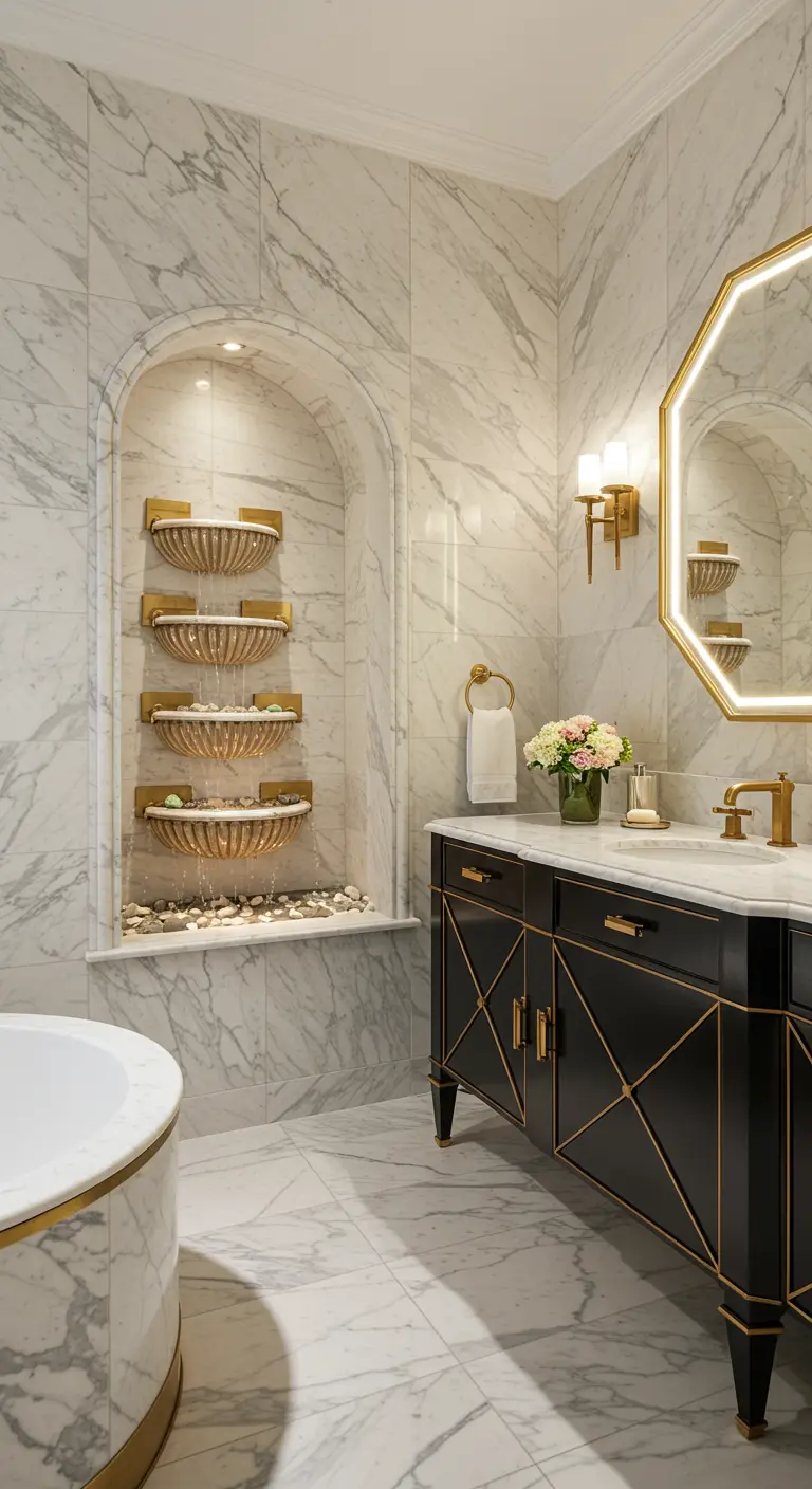 White marble bathroom with a tiered brass waterfall fountain in an arched niche and a black and gold vanity.