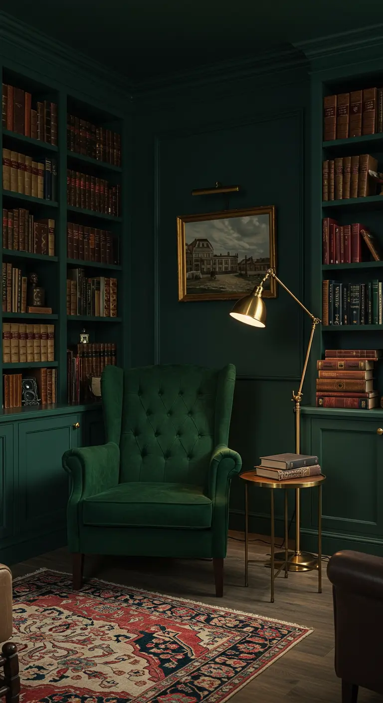 A traditional library with emerald green built-in bookshelves and a matching tufted wingback chair.