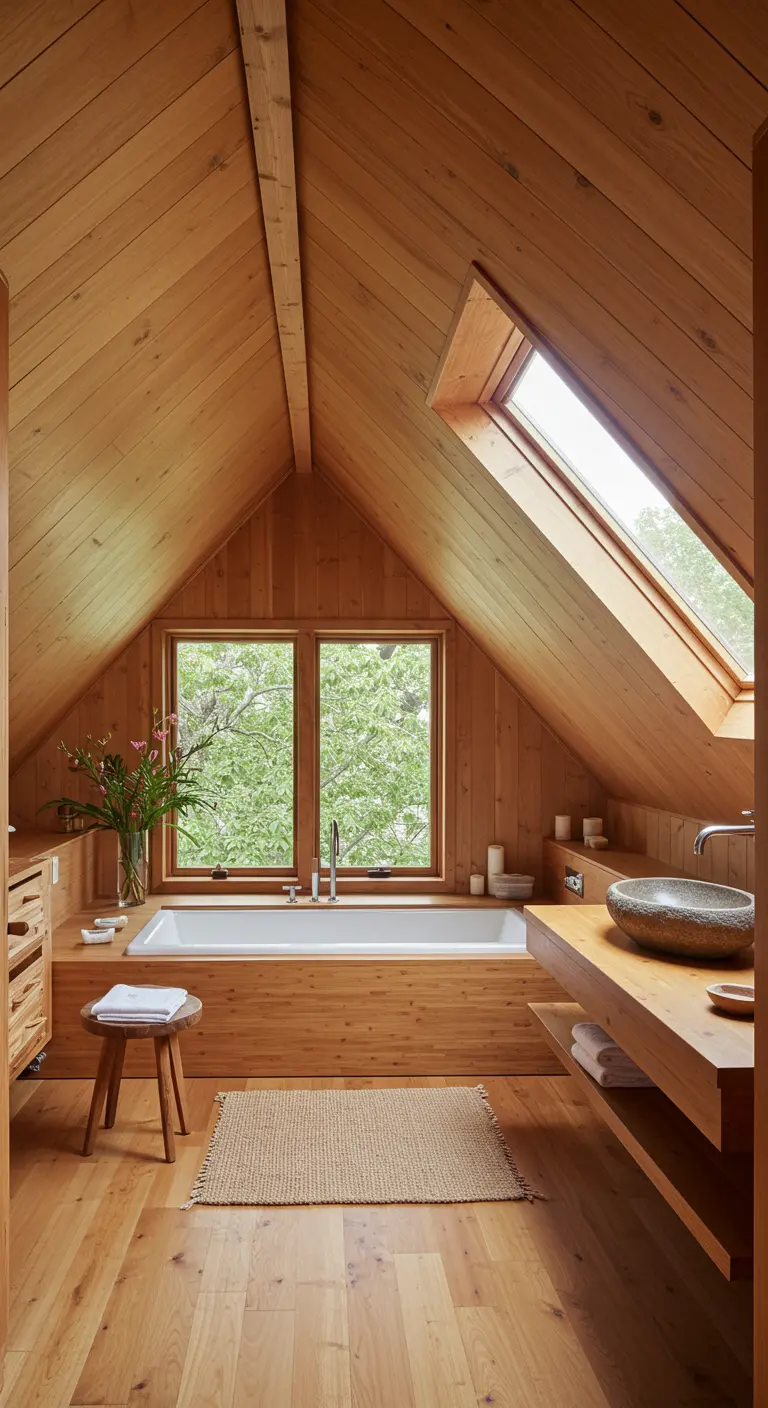 Attic bathroom with wood-paneled walls and ceiling, with a tub under windows looking at trees.