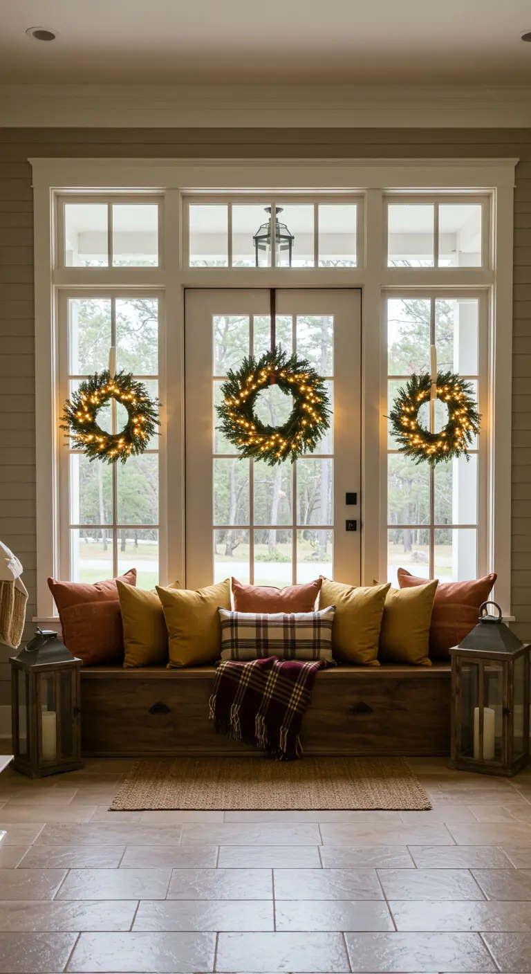 Long entryway bench under three windows, each decorated with a lit wreath.