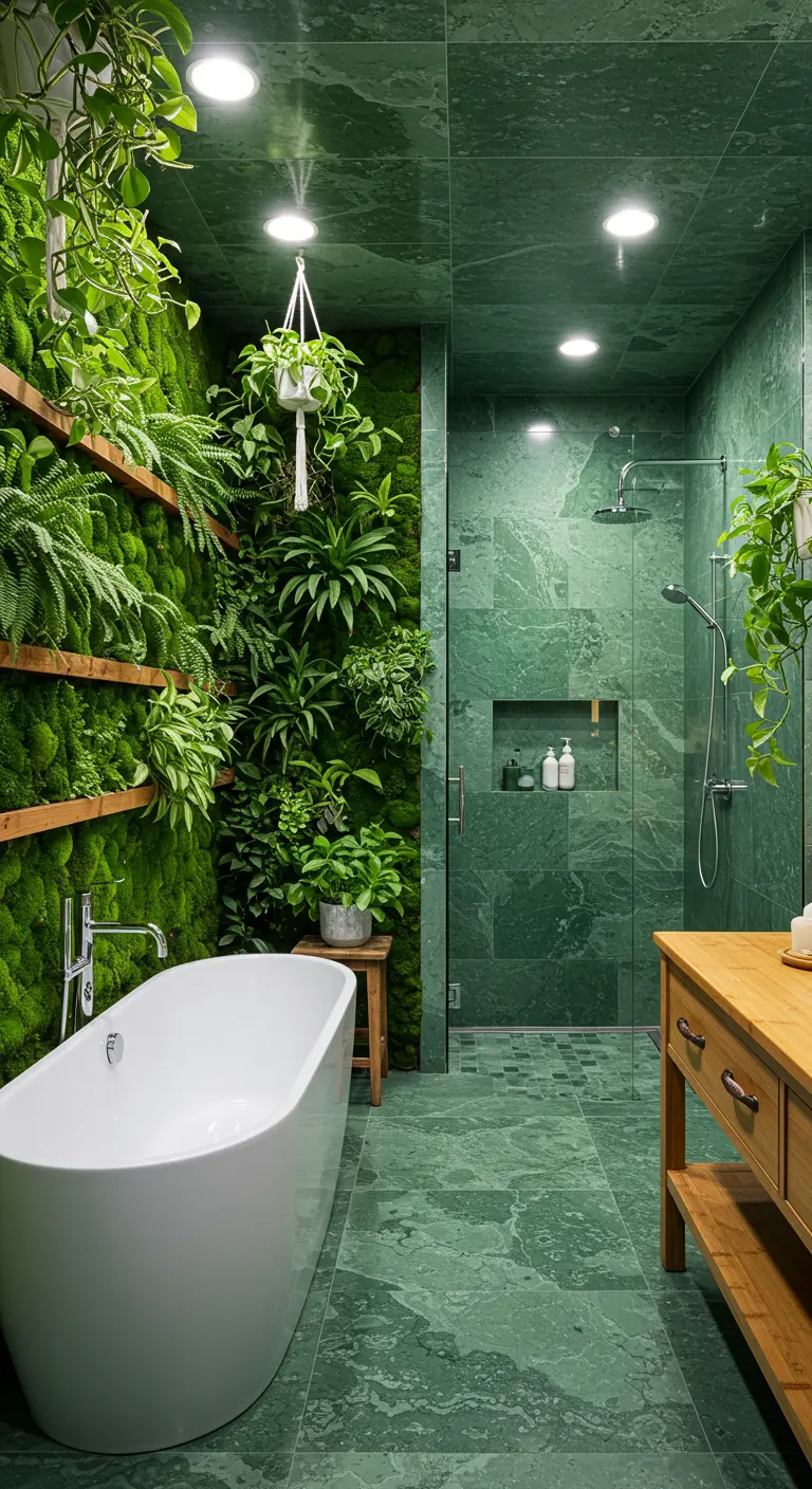 Bathroom with green marble walls and floor, and a large living wall of ferns and moss.
