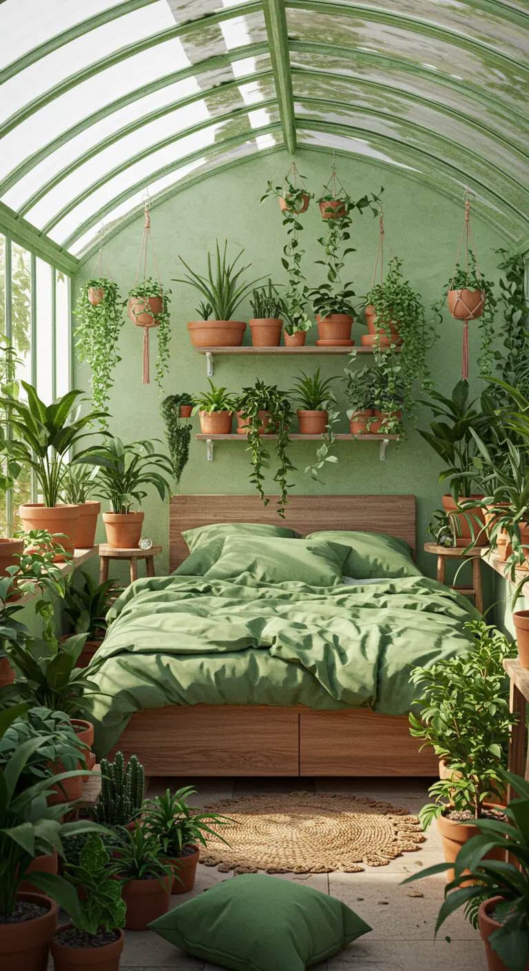 Bedroom inside a greenhouse filled with lush plants and green bedding.