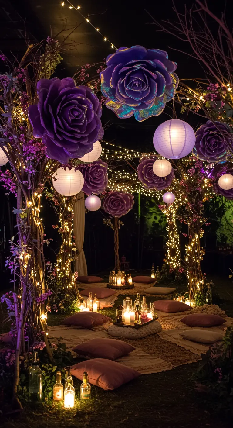 A magical nighttime garden setting with large purple paper roses, fairy lights, and glowing lanterns.