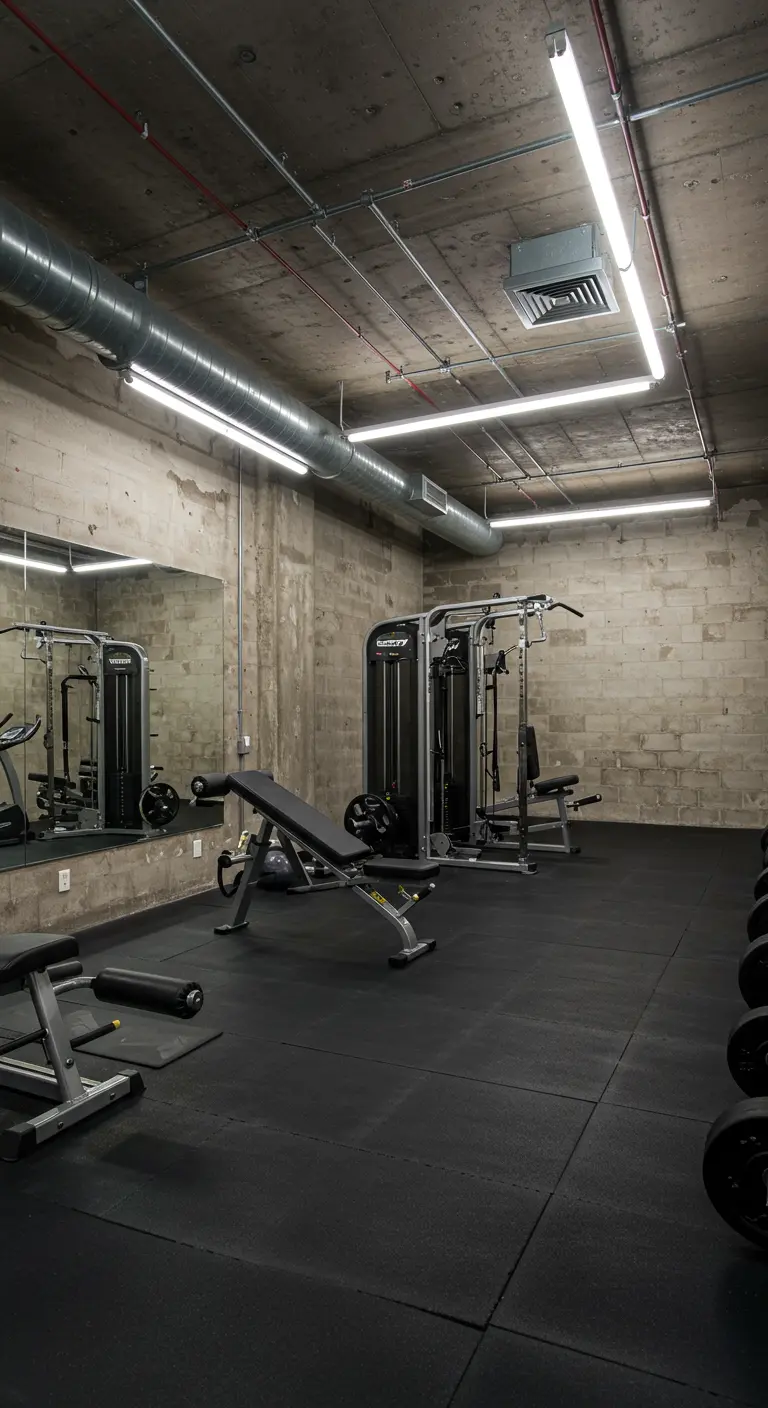 A home gym with exposed concrete block walls, tube lighting, and black rubber flooring.