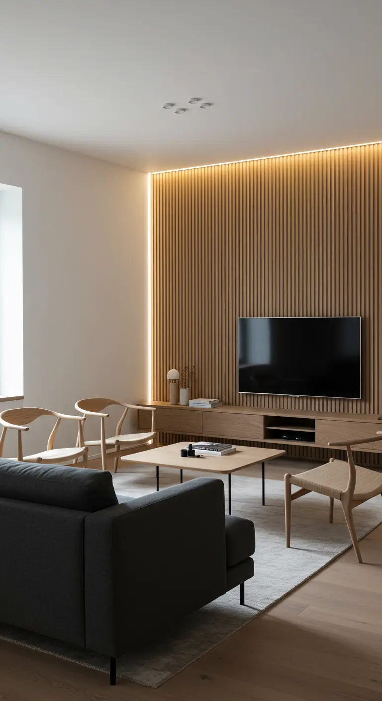 A media wall made of vertical oak slats with integrated backlighting behind a television.