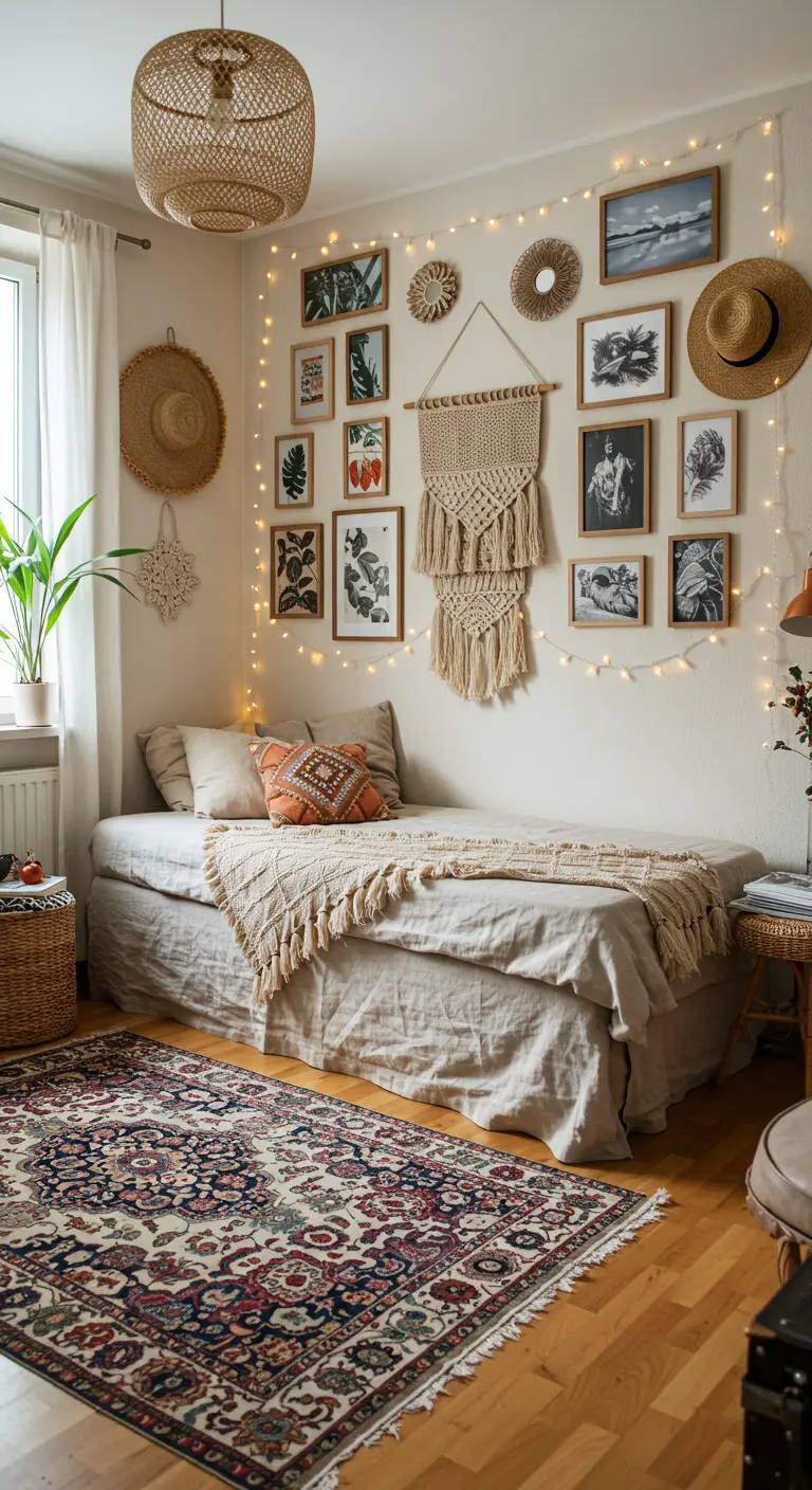 A cozy bedroom with a mix-and-match gallery wall and fairy lights.