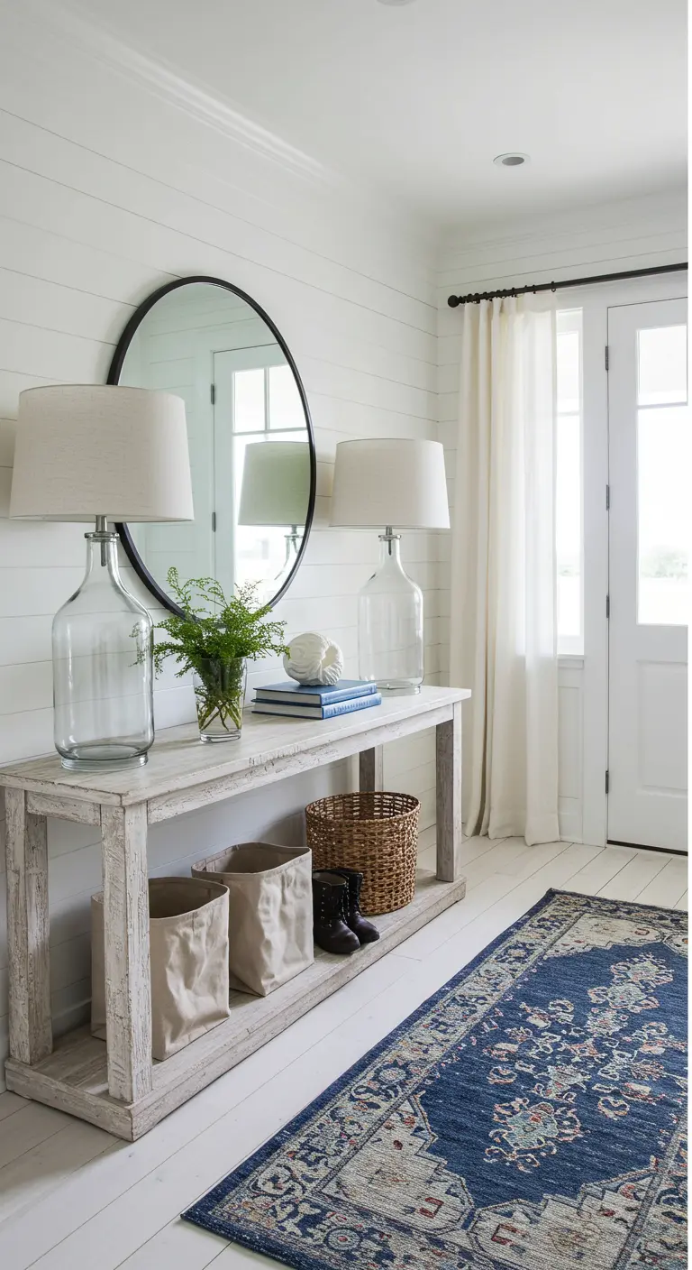 Entryway with a white shiplap wall, round mirror, and a distressed wood console table.