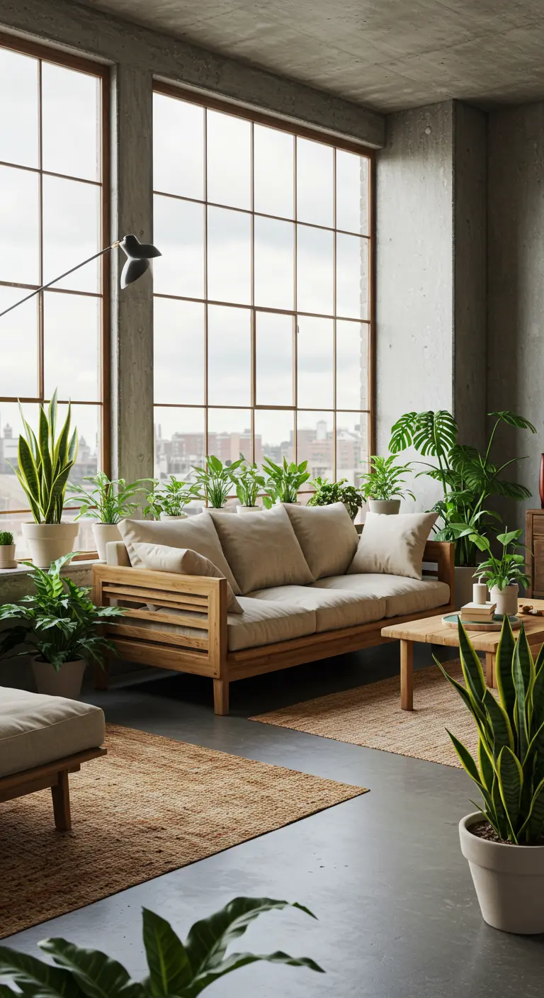 A sunlit loft with a long row of various houseplants lining the large industrial windows.