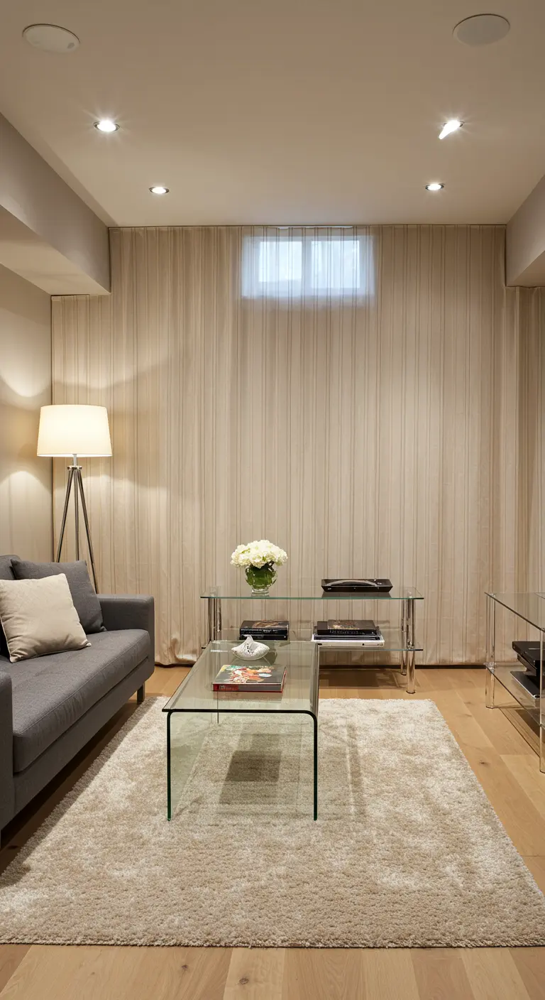 Basement living room with a full wall of curtains concealing a small high window.