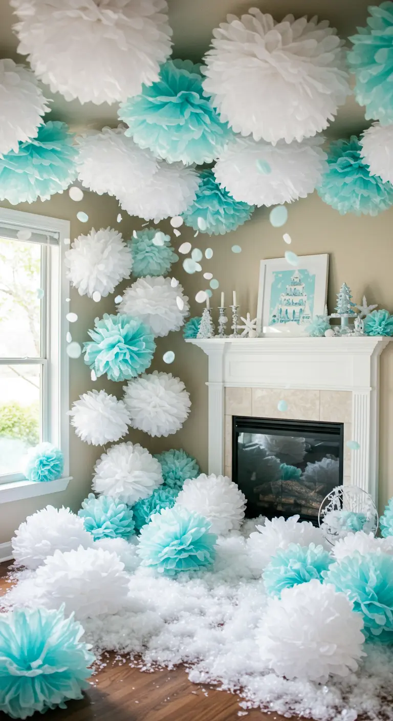 A room filled with white and icy blue pom-poms to look like a winter snow scene.