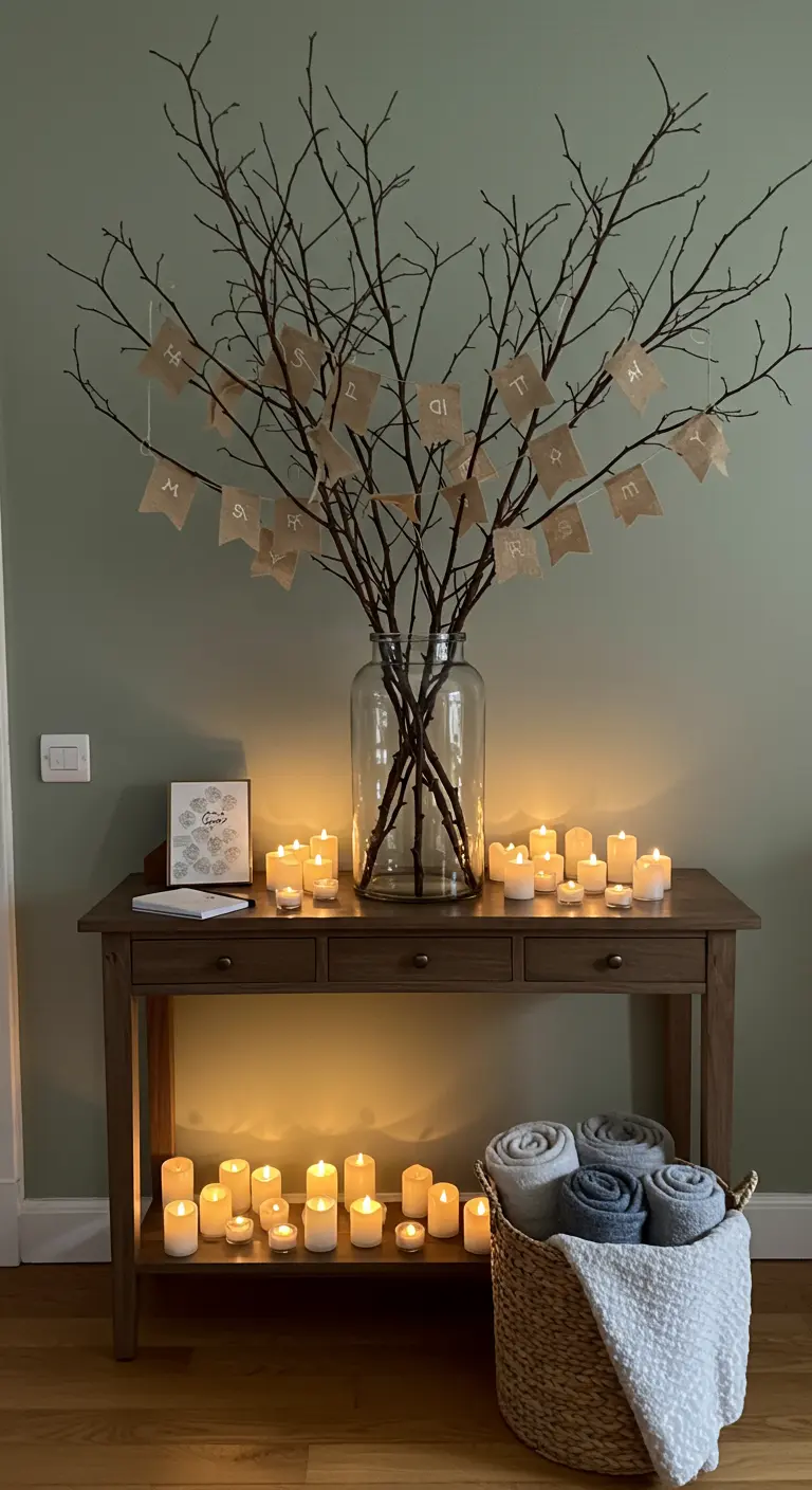 A console table with a vase of bare branches decorated with small paper tags, surrounded by candles.