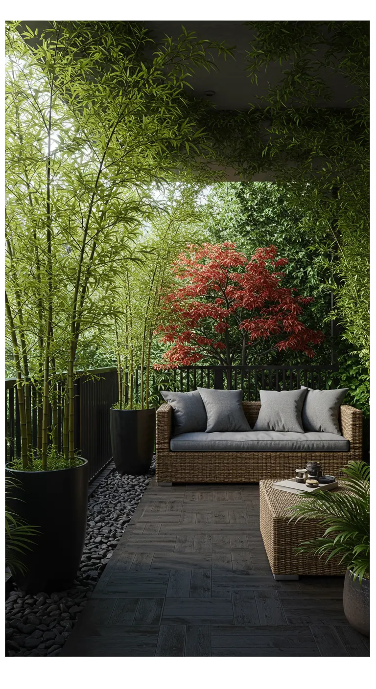 A serene balcony with bamboo, a red Japanese maple tree, and a dark rattan sofa.
