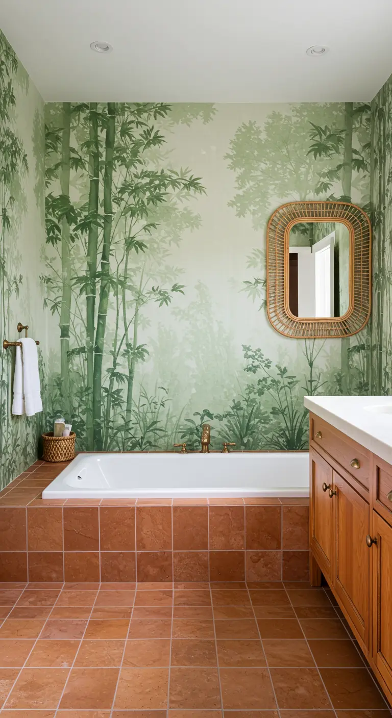 Bathroom with a misty bamboo forest wall mural and a terra-cotta tiled built-in tub.