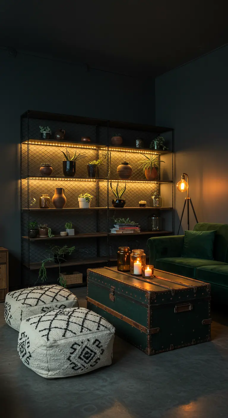 Dark room with a green velvet sofa and black metal shelves illuminated by warm LED strips.