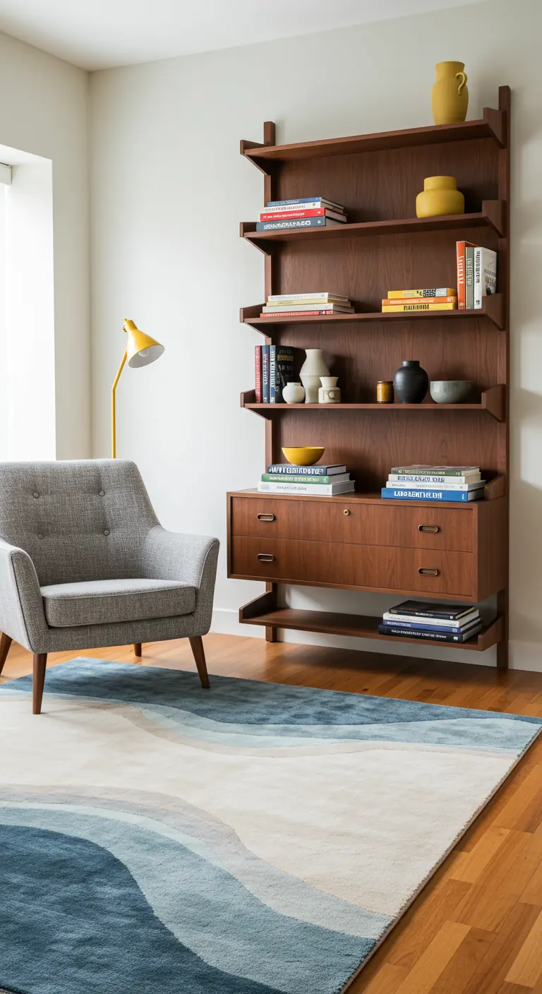 A floating walnut shelving unit and credenza hangs above a gray mid-century armchair.