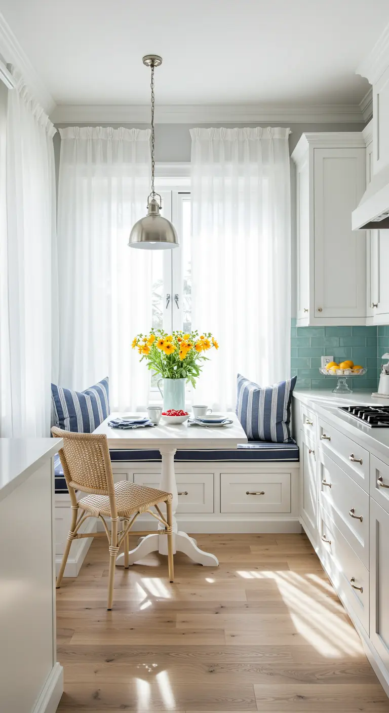 Coastal-style kitchen with white cabinets, sheer curtains, and striped pillows.