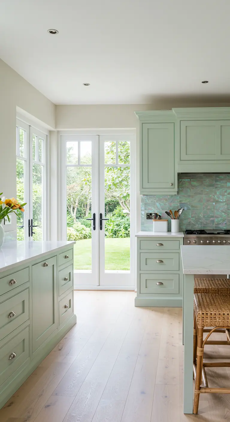 Light-filled kitchen with mint cabinets, an iridescent tile backsplash, and a woven stool.