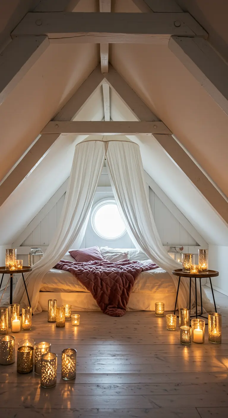 Attic bedroom with a white canopy, pink velvet throw, and candles in glass holders.