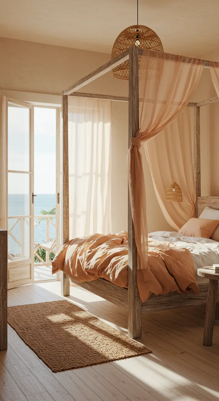 Weathered wood canopy bed with sheer peach drapes and bedding in a coastal room.