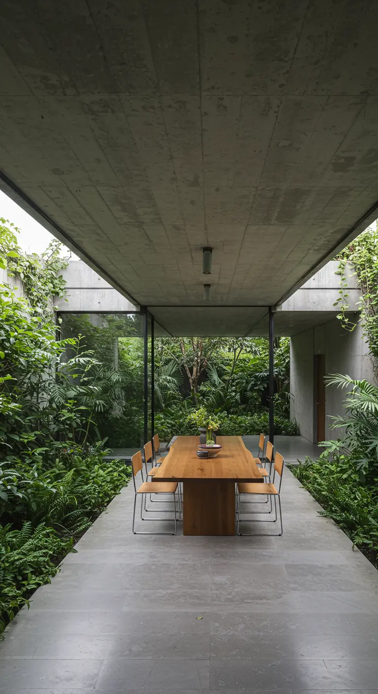 A covered outdoor dining table on a concrete patio, surrounded by dense green foliage.