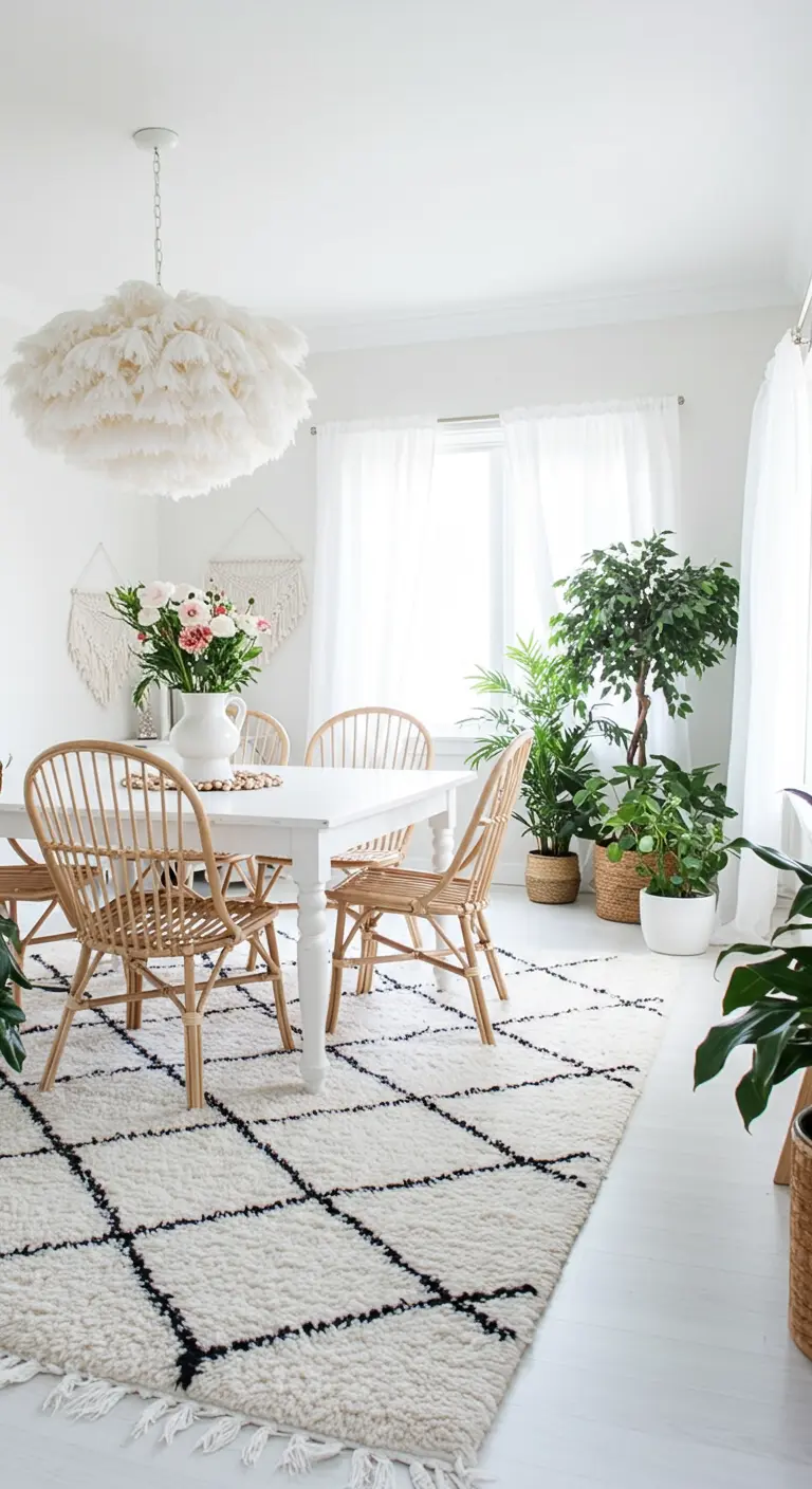 All-white dining room with a fluffy white feather chandelier and a large Moroccan rug.