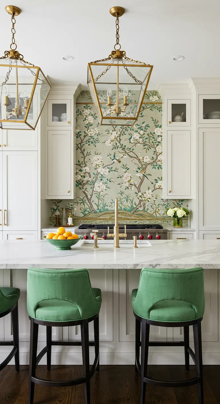 A white kitchen with a floral wallpaper backsplash niche and green velvet stools.