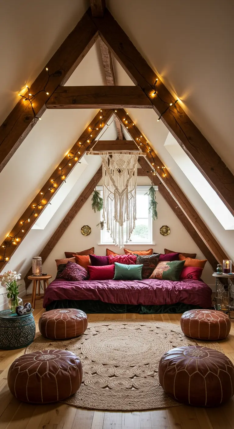 Cozy A-frame attic room with a daybed, string lights on the beams, and a macramé hanging.