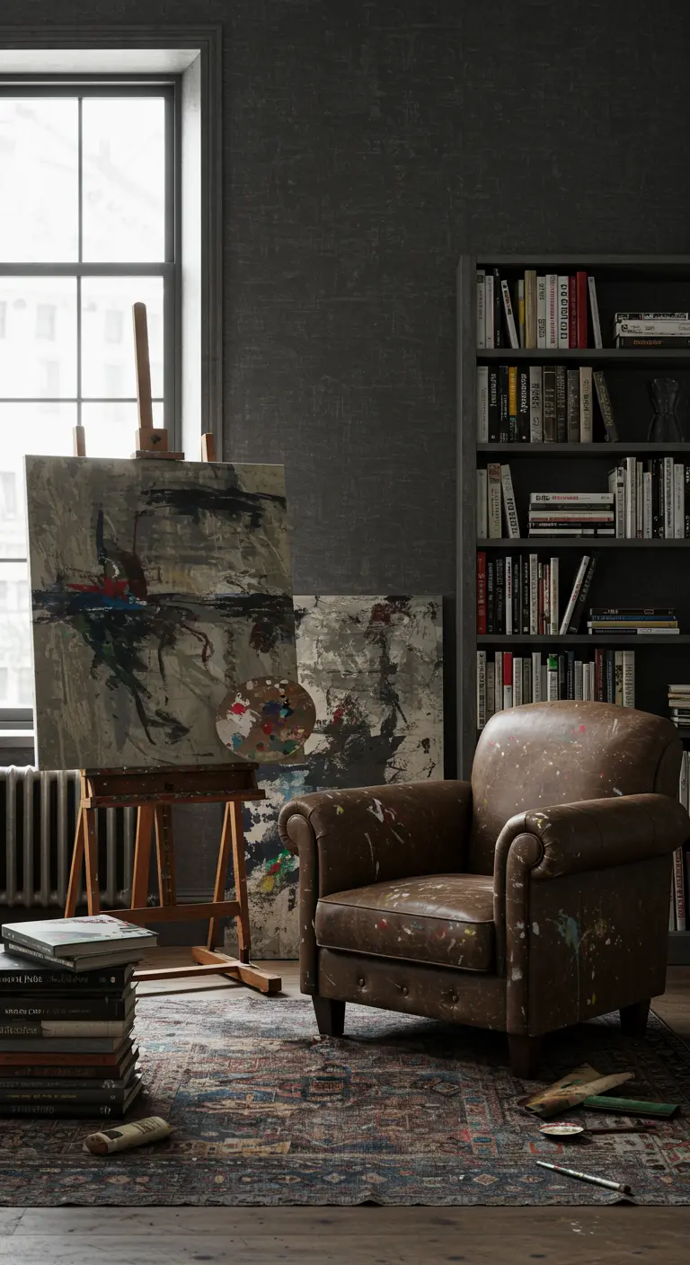 A paint-splattered leather armchair sits next to an artist's easel in a dark studio.