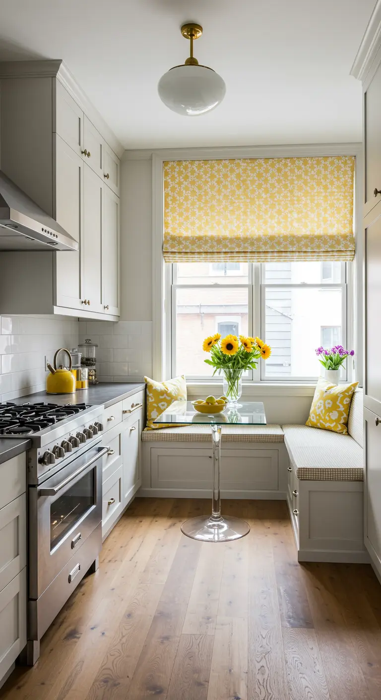 A narrow kitchen with a built-in dining nook featuring a glass-top table.