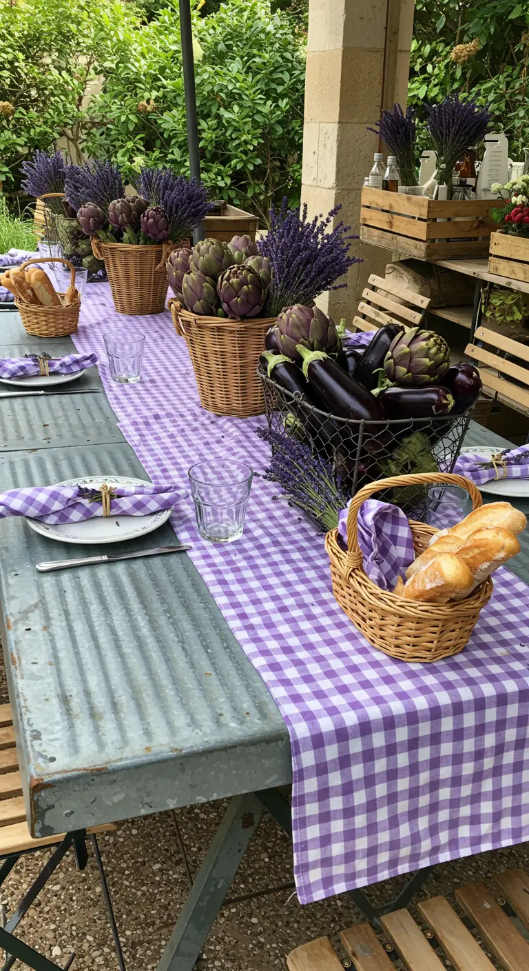 Table styled with a gingham runner and baskets of fresh vegetables, bread, and lavender.