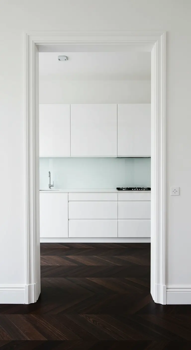 View through an elegant white doorway into a minimalist kitchen with dark herringbone floors.