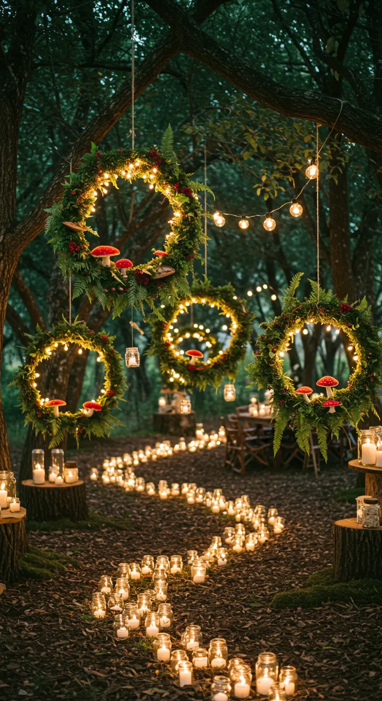 A winding path of candles in a dark forest, with illuminated mossy wreaths hanging from trees.
