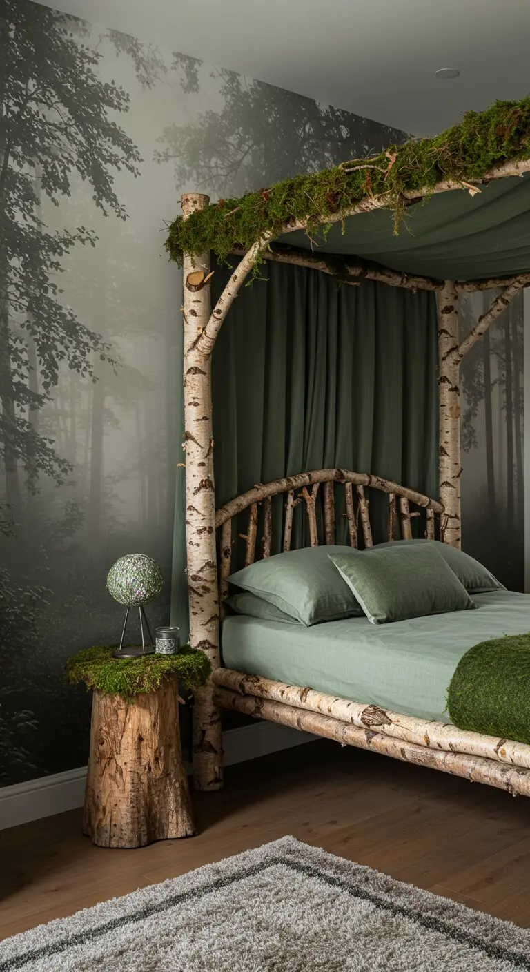 A whimsical bedroom with a canopy bed made from birch branches and a forest mural on the wall.